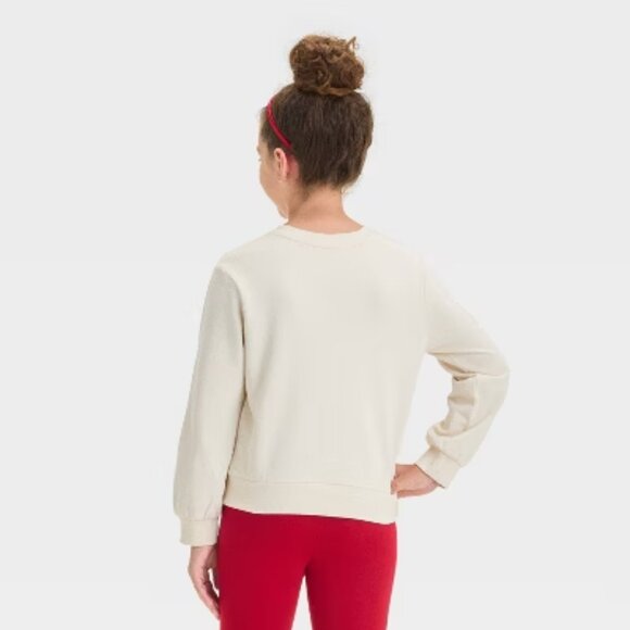 NEW Girls' French Terry 'Merry' Pullover Sweater - Cat & Jack™ Beige - Picture 4 of 9
